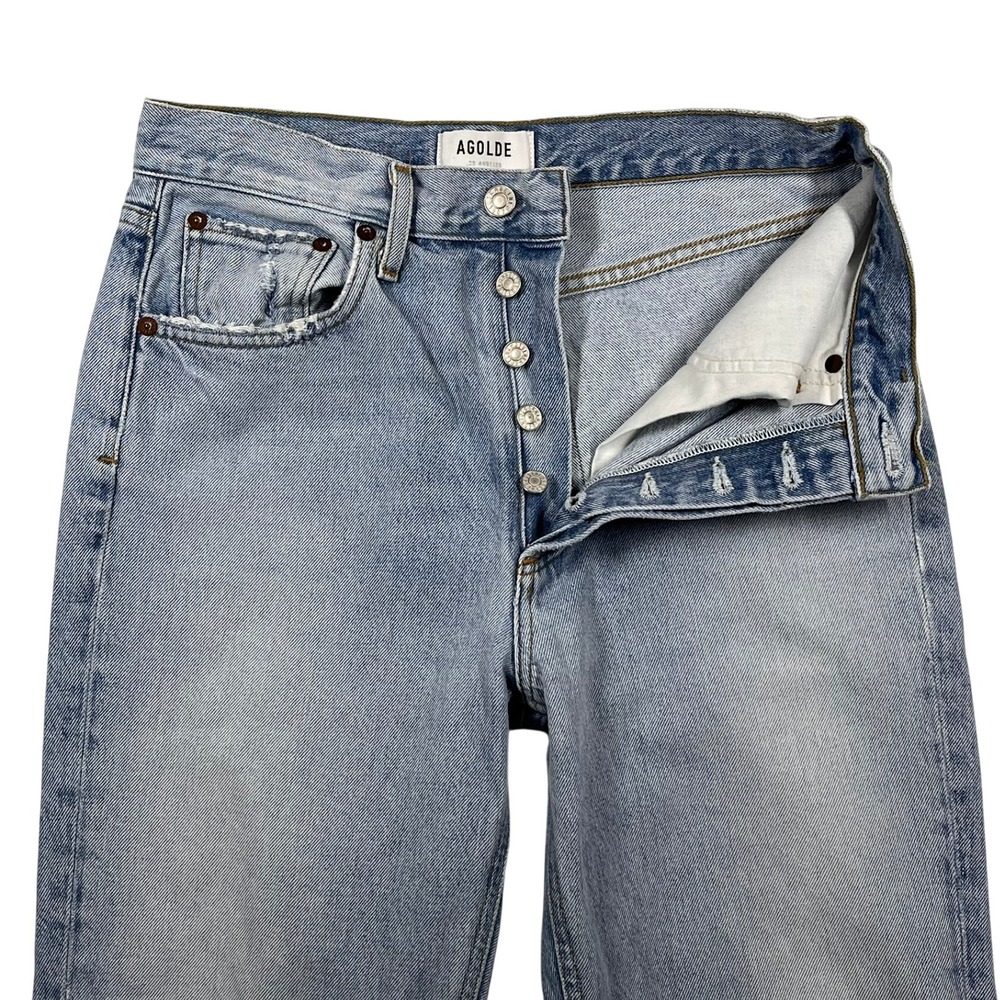 Agolde High Rise Crop Jeans 27 (Fits 28x26) Light Wash Distressed Button Fly - Picture 4 of 16